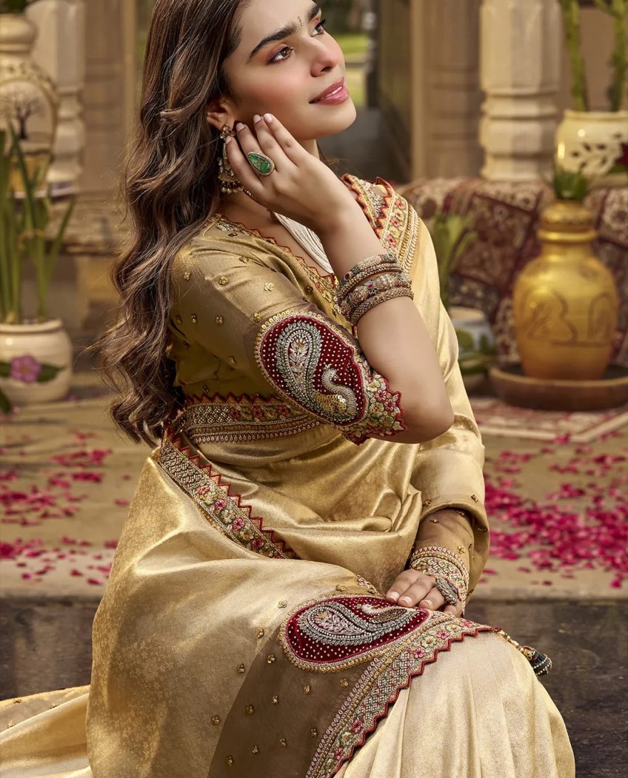 106 - Bronze Gold Embroidered Tissue Silk Saree with Stitched Blouse